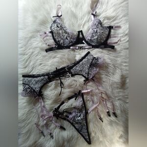 PLAYBOY Black and Pink Lace Bra Set